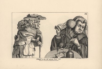En lubben, rik prest med tobakkspipe og brennevin ignorerer bønnene fra en fattig gammel kvinne. Kobberstikk av Thomas Sanders etter en satirisk illustrasjon av Timothy Bobbin (John Collier) (1708–1786) fra Human Passions Delineated, John Haywood, Ma av Unbekannter Künstler