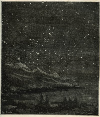 En stjerneklar natt perfekt for å observere himmelen. Gravering fra Camille Flammarions "The Stars and Other Curiosities of the Sky" av Unbekannter Künstler