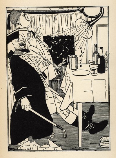 En trompet som hadde frosset, produserer lyder på egen hånd når den varmes opp, har moro og forbauselse av alt Illustrasjon av William Strang (1859-1921) og JB Clark fra «The Adventures of the Baron of Munchausen (Munchhausen) av Rudolf Erich Raspe (1736- av Unbekannt