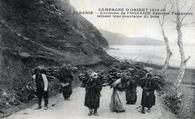 Albania: Sigøynerkvinner med trebunter på ryggen - Postkort 1914-1918 av William M. Timlin