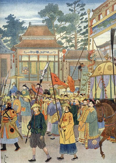 Allegori av den gamle kinesiske hymnen: Keiseren i en Palanquin, rundt 1900 (illustrasjon) av Unbekannter Künstler