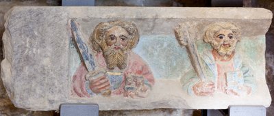 Altertavle. polykrom stein. Andre halvdel av 1300-tallet. Opprinnelse tidligere sognekirke Torre de Rialb. Detalj. Nedre register. Venstre panel. Evangelistene Paul Peter. av Unbekannt