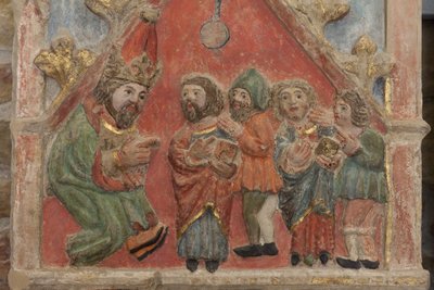 Altertavle. polykrom stein. Andre halvdel av 1300-tallet. Opprinnelse tidligere sognekirke Torre de Rialb. Detalj. Midtregister. Venstre panel. Øvre del: Saints Iscle og Victoria med embetsmennene. av Unbekannt