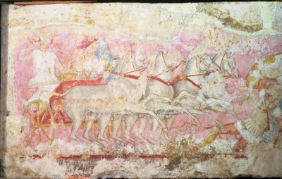 Amazoner som kjører vogn, detalj fra siden av Amazonas sarkofag, Tarquinia, 4. århundre f.Kr. (tempera på alabast) (detalj av 85168) av Unbekannt