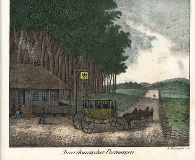 Et amerikansk postkontor og en postvogn. Litografi for boken: «Komplett galleri med trofaste bilder av folkene i Amerika og Australia» av Friedrich Wilhelm Goedsche (1785–1863), Meissen-utgave (Tyskland) av Unbekannter Künstler
