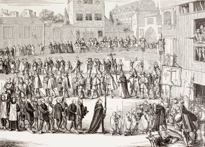 En Auto-da-fe, eller Act of Faith, prosesjon i Spania, etter en gravering fra 1400-tallet, fra 'Militært og religiøst liv i middelalderen' av Paul Lacroix publisert i London rundt 1880 av Unknown