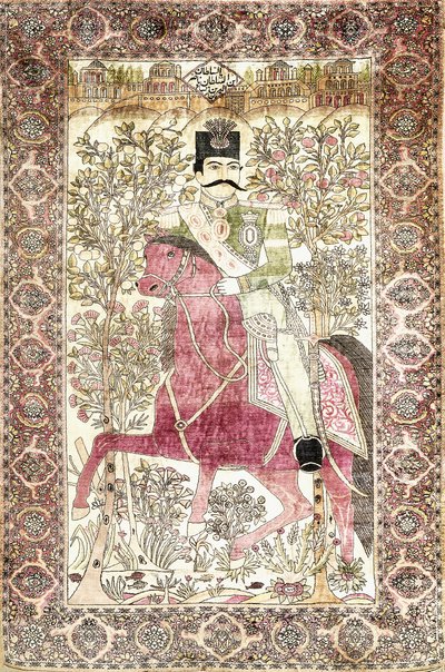 Et antikt silke Kashan "mochtasham" billedteppe, som viser den monterte figuren til Naser al-Din Shah av Unbekannt