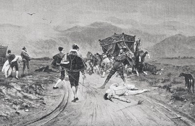 Et angrep på en trener, midten av 1600-tallet, fra 'La Ilustracion Artistica', utgitt 1887 av Unknown