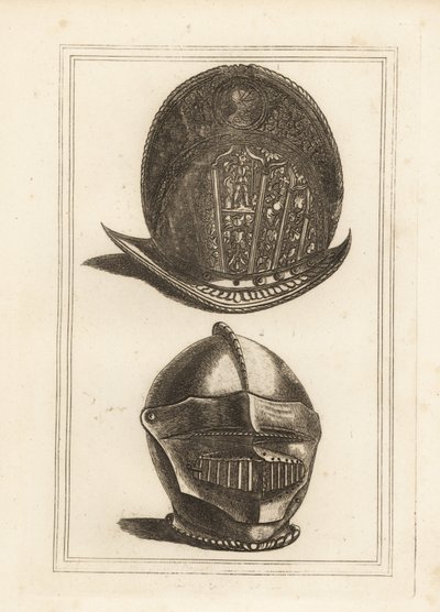 Gammel venetiansk morionhjelm utsmykket med militære trofeer, og en burgonet hjelm med enhetlig visir og bever fra Tower of London av Unbekannt