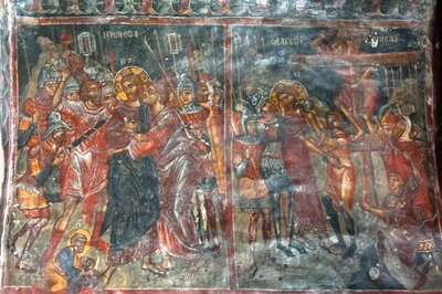 Gamle fresker; veggmalerier; kyss av Judas; Jesu korsfestelse; Panagia og Sotiras kirke; gresk-ortodoks kirke; Roustika; Kreta; Hellas; Europa av Unbekannt