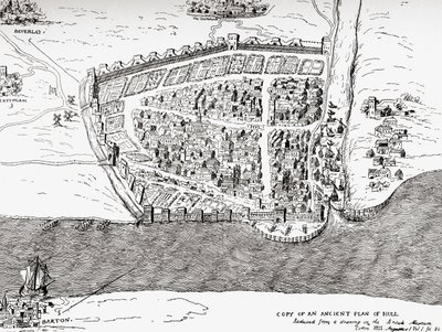 Gamle plan av Kingston upon Hull, East Riding of Yorkshire, England, fra Picturesque History of Yorkshire, publisert ca. 1900 av Unknown