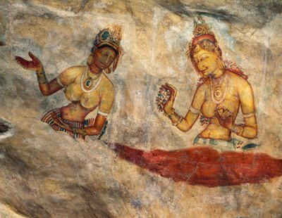 Apsaras, himmelske nymfer som tilbyr blomster, freskomaleri, befestet citadell av Sigiriya (UNESCOs verdensarvliste av David Mosé
