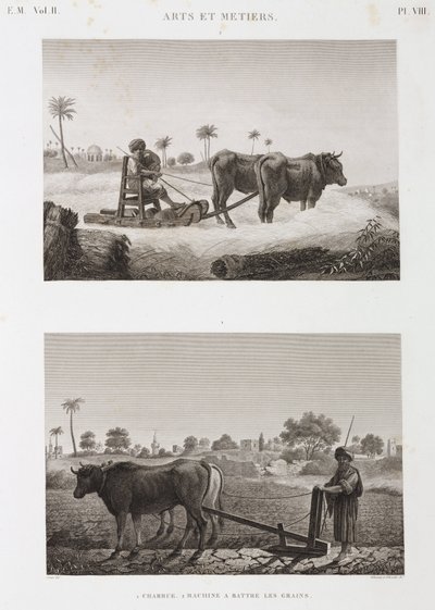 Jordbruk, pløying Treskemaskin og plog, Egypt, ca 1798 av Unbekannt