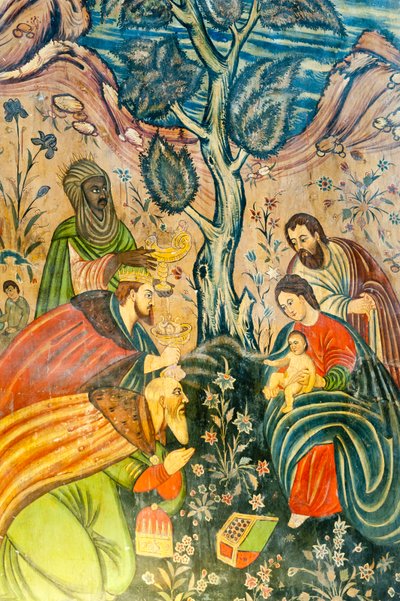 Den armenske apostoliske kirke; veggmaleri; Tilbedelse av magi; Jesus Kristus; Maria og Josef; de tre vise menn gir gaver; Betlehem kirke eller Bedkhem kirke; Julfa distrikt eller Jolfa; Isfahan; Iran; Asia av Unbekannt
