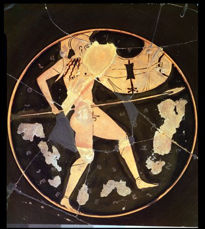 Den athenske røde figuren kylix som viser en gresk kriger, gresk (ca. 500 f.Kr.) av Unbekannt