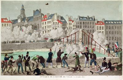 Angrep på rådhuset i Paris og slaget ved Arcola-broen, 28. juli 1830 (gravering) av Unbekannter Künstler