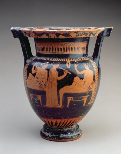 Loftsøylekrater med rød figur med en symposiumscene av en fløytespiller mellom to liggende menn, gresk, ca. 420 f.Kr. (keramikk) av Unbekannt