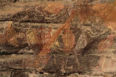 Australia, Northern Territory, Arnhem Land, Kakadu National Park, Obiri Rock, Aboriginal bergmalerier av Benjamin Baud