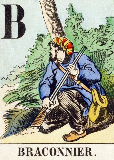 B : Braconnier - Jaktalfabetet, ca. 1890 (gravering) av Unbekannt