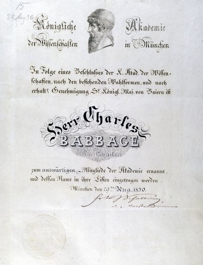 Babbage Æresdiplom tildelt Charles Babbage av Unbekannt