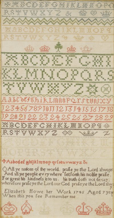 Bandsampler med alfabet, tall og et vers, arbeidet av Elizabeth Howe av Unbekannt