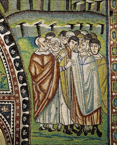 Basilica of San Vitale, Detalj av lunettemosaikk over inngangen til ambulatoriet som representerer Aaron-ledere for tolv stammer i Israel, Ravenna, Emilia-Romagna, Italia av William M. Timlin