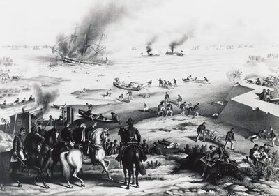 Battle of Hampton Roads eller Battle of Ironclads, USS Monitor og CSS Virginia (til høyre), 9. mars av William M. Timlin