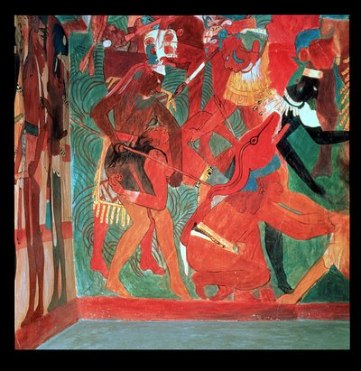 Kampscene avbildet i rom 2 i Painted Temple i Bonampak, Mayan, Late Classic Period, ca. 800 (veggmaleri) av Unbekannter Künstler