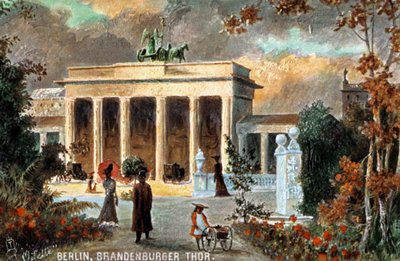 Berlin - Brandenburger Thor. Utsikt over Brandenburger Tor, med blomster og forbipasserende, slutten av 1800-tallet/1900-tallet (trykk) av Unbekannter Künstler