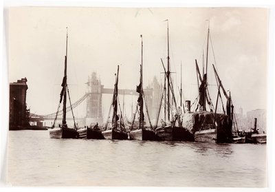 Båter fortøyd ved Tower Bridge av Unbekannt