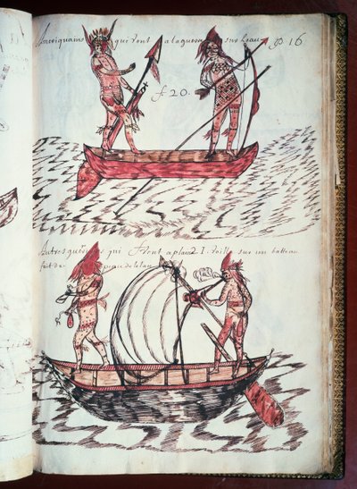 Boats of Indians, side fra Codex Canadensis (1664-1675), manuskript på pergament av Louis Nicolas, Frankrike av William M. Timlin