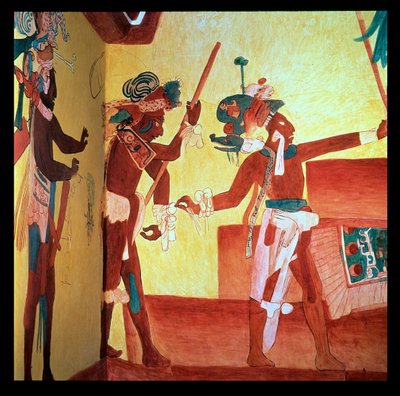 Bonampak-herrer i fjærkledde kostymer danser i feiring etter en militær seier, Maya c.800 (fresco) av Unbekannter Künstler