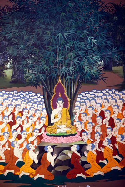 Buddha-undervisning til disipler, veggfreskomaleri, Wat Botum-tempelet, Phnom Penh, 2022 (bilde) av Unbekannter Künstler