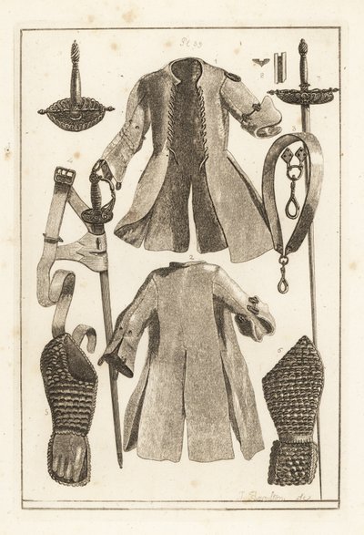 Buff coat 1,2, buff belte 3, forgylt sølv sverd hjelt 4, buff armstykke og hanske 5,6, toledo sverd 7, blad og slire 8, og buff 9 av Unbekannt
