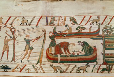 Bygge skip under ordre fra Duke William, Bayeux Tapestry (ullbroderi på lin) av Unbekannt