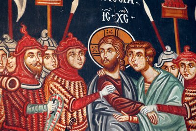 Bysantinsk freskomaleri fra 1400-tallet Juda forræderi og arrestasjonen av erkeengelkirken Jesus Michael i Pedoulas Kypros Malte kirker UNESCO-sted Troodos, Kypros av Unbekannt