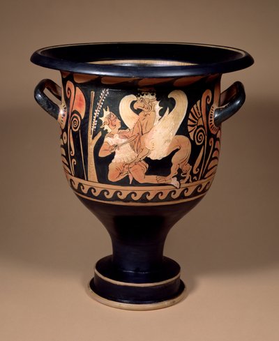 Campansk klokkekrater med rød figur dekorert med en arimasp i kamp med en stor griffin, ca. 340 f.Kr. (keramikk) av Unbekannt