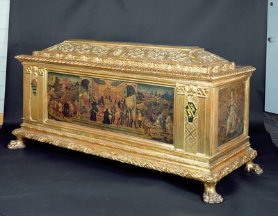 Cassone med paneler som viser The Continence of Scipio og allegorier om styrke og forsiktighet, tilskrevet verkstedet til Apollonio di Giovanni, ca. 1460-65 (tempera på panel) av Unbekannt