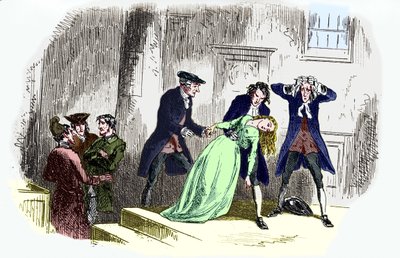 Charles Dickens 'A tale of two citys': Bildetekst lyder: Etter setningen. – Lucie Manette besvimer. CD: Engelsk romanforfatter, 7. februar 1812 9. juni 1870. Illustrasjon av George Cruikshank: engelsk karikaturist og bokillustratør av Unbekannt