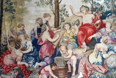 Chateau de Fontainebleau: detalj, draperi vevd for Louis XIV på Gobelins-fabrikken fra 1687 etter de store maleriene til Pierre Mignard ved Chateau de Saint Cloud for Monsieur Philippe Duc d'Orleans (1640-1701), bror til kongen. Stykket av av Unbekannter Künstler
