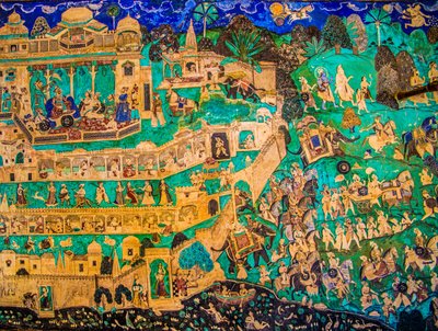 Chittra Shala gårdsplass med virtuose fine malerier, Taragarh Fort, Bundi, Bundi, Rajasthan, India, Asia (bilde) av Unbekannter Künstler