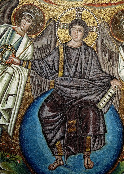 Kristus og engler, detalj ovenfra apsis, 6. århundre (mosaikk) av Unbekannt