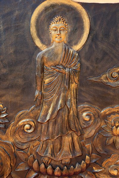 Chua Thien Lam Go buddhistpagode. Shakyamuni Buddha. Varada mudra: veldedighetsgest. Thay Ninh. Vietnam av Unbekannt
