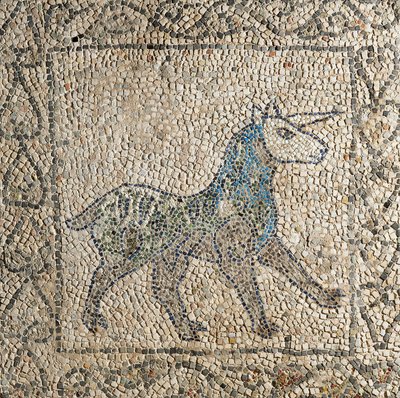 Church of Saint John Evangelist, Fourth Crusade, Fragmenter av mosaikkgulv som representerer enhjørning, Ravenna, Emilia-Romagna, Italia av Benjamin Baud