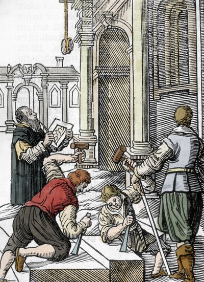 Bygging av en katedral, steinskjærere på 1200-1300-tallet (gravering) av Unbekannter Künstler