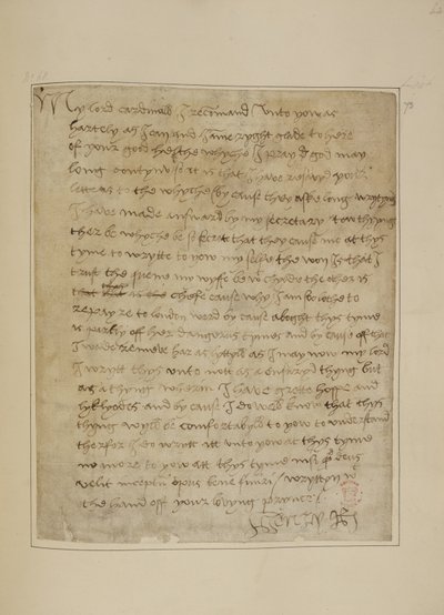 Cotton MS Vespasian F iii fol.73 Brev fra Henry VIII til Thomas Wolsey, juni 1518 (penn og blekk på papir) av Unbekannter Künstler