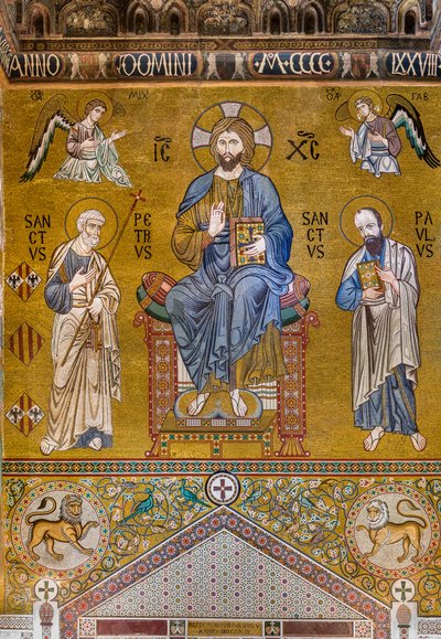 Motfasade: mosaikk "Kristi majestet tronet mellom de hellige Peter og Paulus", XII århundre, Palatinerkapellet, Det kongelige palass eller Palazzo dei Normanni (normannernes palass), Palermo, Sicilia, Italia (bilde) av Unbekannter Künstler