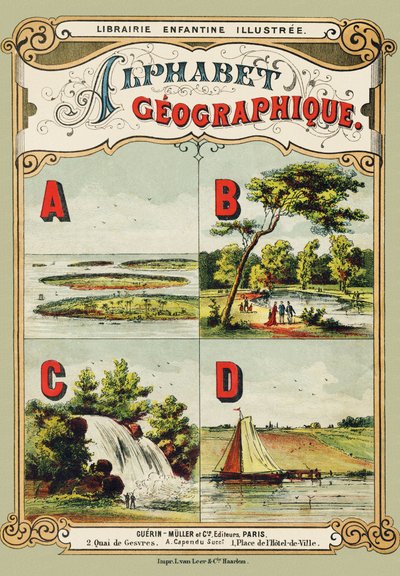 Omslag: A: skjærgård, B: Bois de Boulogne, C: foss, D: dyke - Gravering hentet fra Geografisk alfabet. Guerin-Muller et Cie, forlag, Paris av Unbekannt