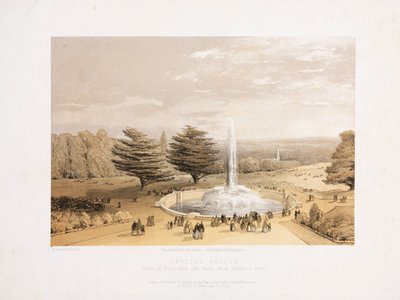 Crystal Palace, Post-Great Exhibition Fontenen og parken fra terrassetrinnene til Crystal Palace, ca 1855 av Unbekannt