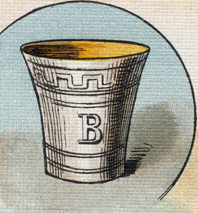 Cup . Gravering i "Alphabet de ma petite fille". Bernardin-Bechet og Fils, bokhandler-forlag, Paris, rundt 1895. Ubrytelig album på lerret. Bibliotheque des Bebes. 12 sider. Album som inneholder en lesemetode og et illustrerende abecedary. Dim: 29, av Unbekannt